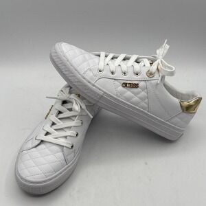 GUESS Women's Loven Casual Lace-Up Sneakers, White, Size 9M Gold Rhinestones‎